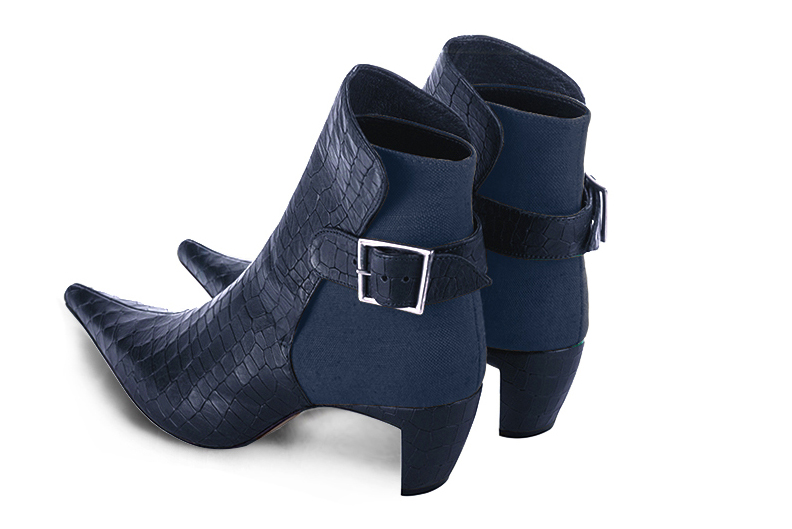Navy blue women's ankle boots with buckles at the back. Pointed toe. Medium comma heels. Rear view - Florence KOOIJMAN
